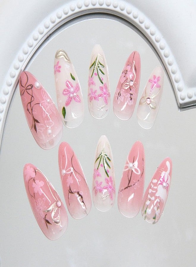 WAFOLOZE Almond Shape Press on Nails Medium Fake Nails with 3D Line Flower Bow Pearl Diamond Handmade Designs Acrylic Glue on False Nails Artificial Nail Press Ons Stick On Nails for Women 24Pcs - Image 4
